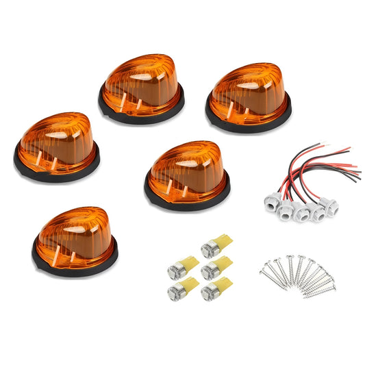 Yellow LED roof cab light kit for vehicles with PC lens, 83mm diameter, and installation components