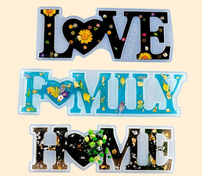 Silicone epoxy mould for resin crafts showing English mirror letters with love word designs in irregular shapes