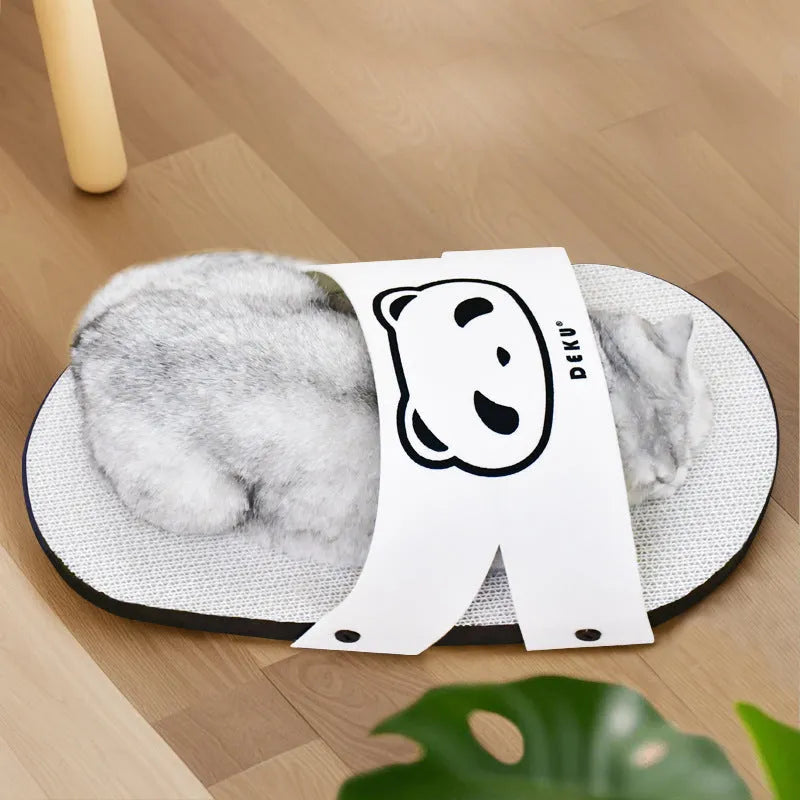 White slipper-style cat scratch board made from corrugated paper