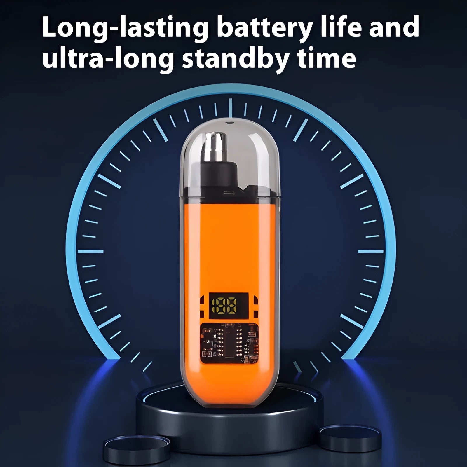 Rechargeable nose hair trimmer with digital display, removable cutter head, and cleaning brush.