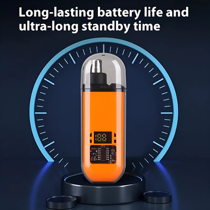 Rechargeable nose hair trimmer with digital display, removable cutter head, and cleaning brush.