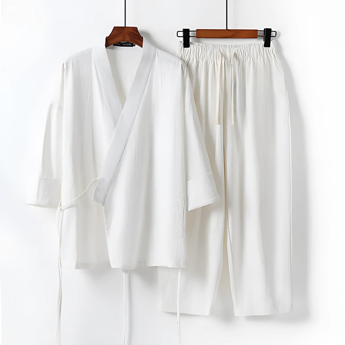 Cardigan-style hanfu two-piece suit in cotton linen blend, traditional Asian clothing set