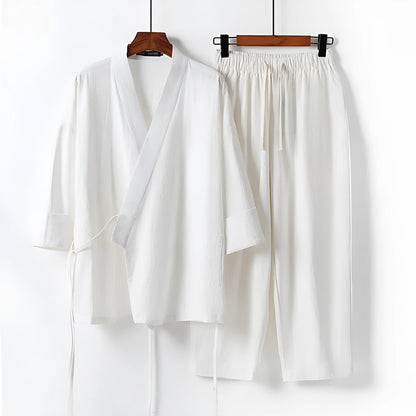Cardigan-style hanfu two-piece suit in cotton linen blend, traditional Asian clothing set