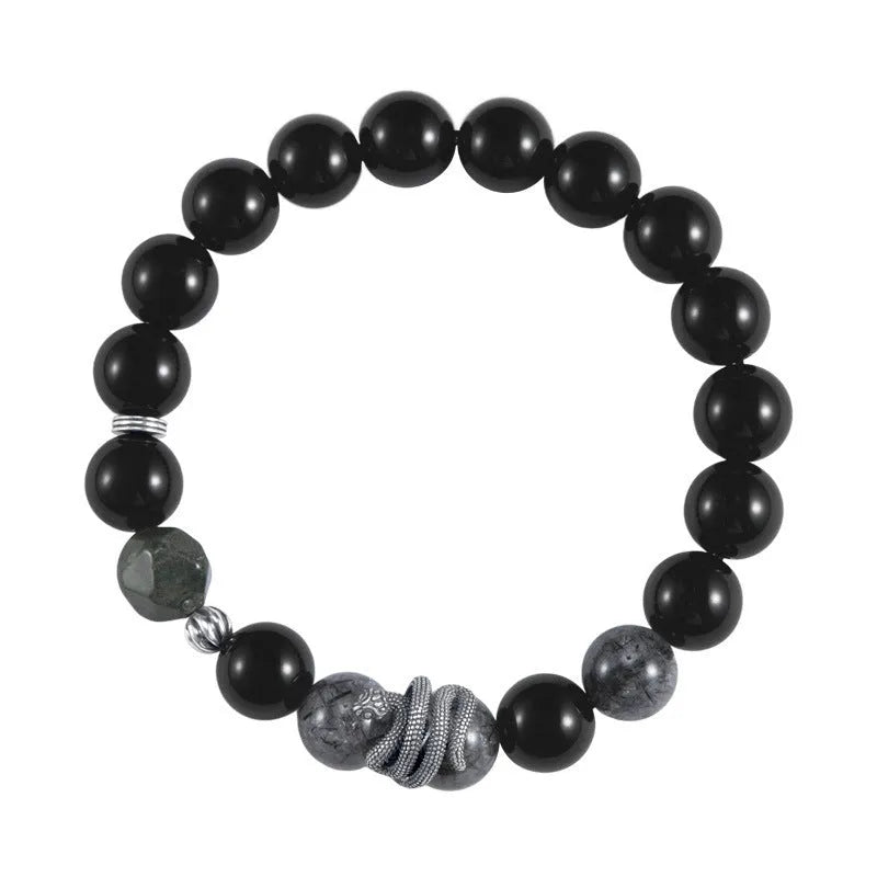 Men's black obsidian and sterling silver snake year bracelet with retro design and 10mm thickness