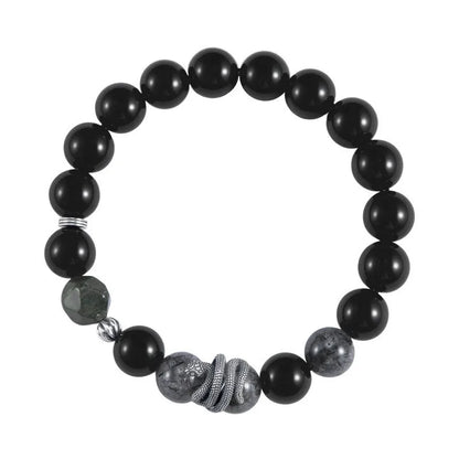 Men's black obsidian and sterling silver snake year bracelet with retro design and 10mm thickness