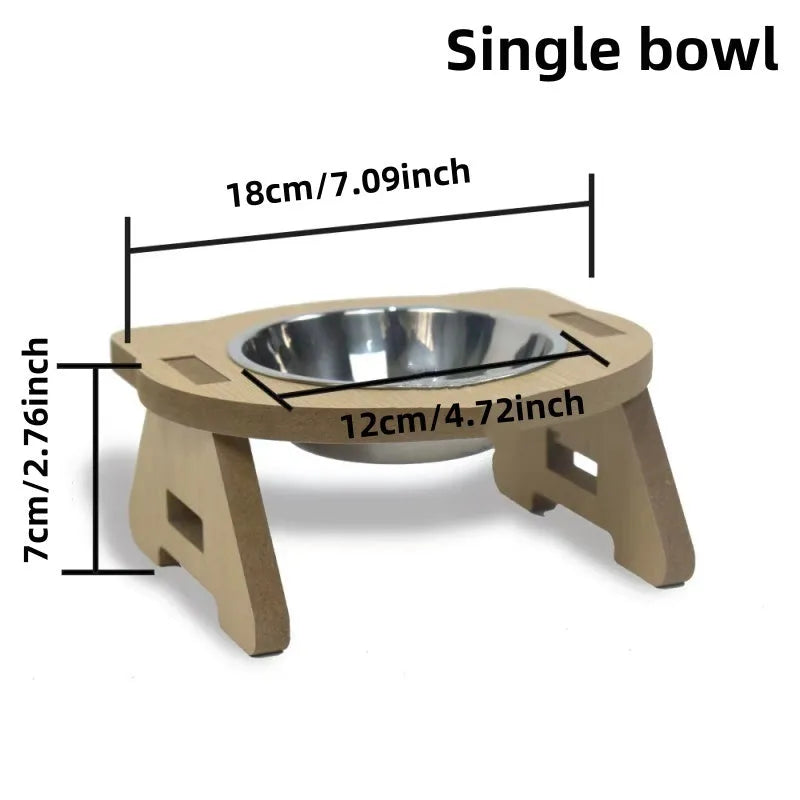 Wooden elevated cat feeder with two stainless steel bowls for food and water.