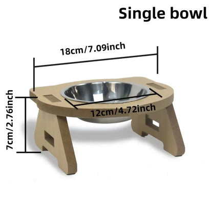 Wooden elevated cat feeder with two stainless steel bowls for food and water.