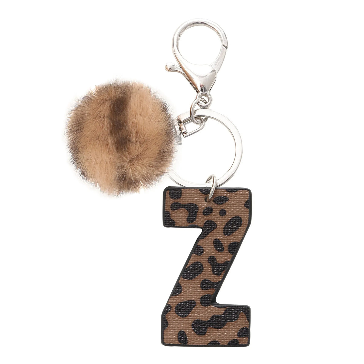 Leopard-print artificial leather keychain with oil-edged acrylic letter and included key ring, retro style