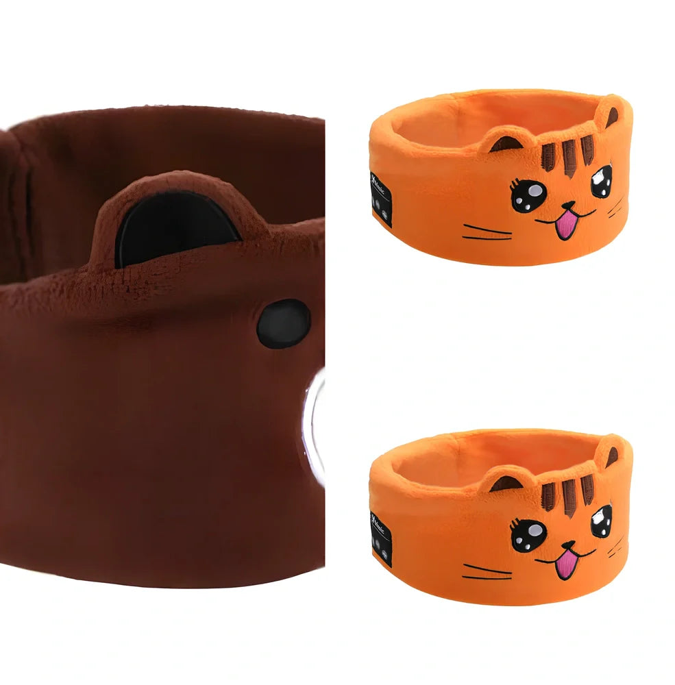 Bluetooth animal headband sleep mask with dinosaur hood showing integrated speakers and wireless design