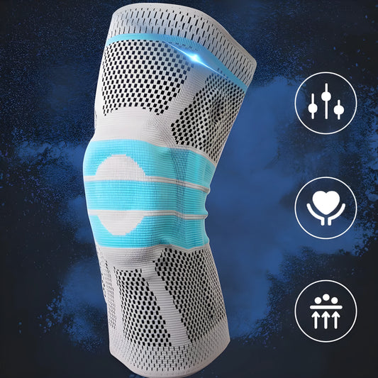 Sky blue silicone and elastic fibre basketball knee pads for running, shown in size L.