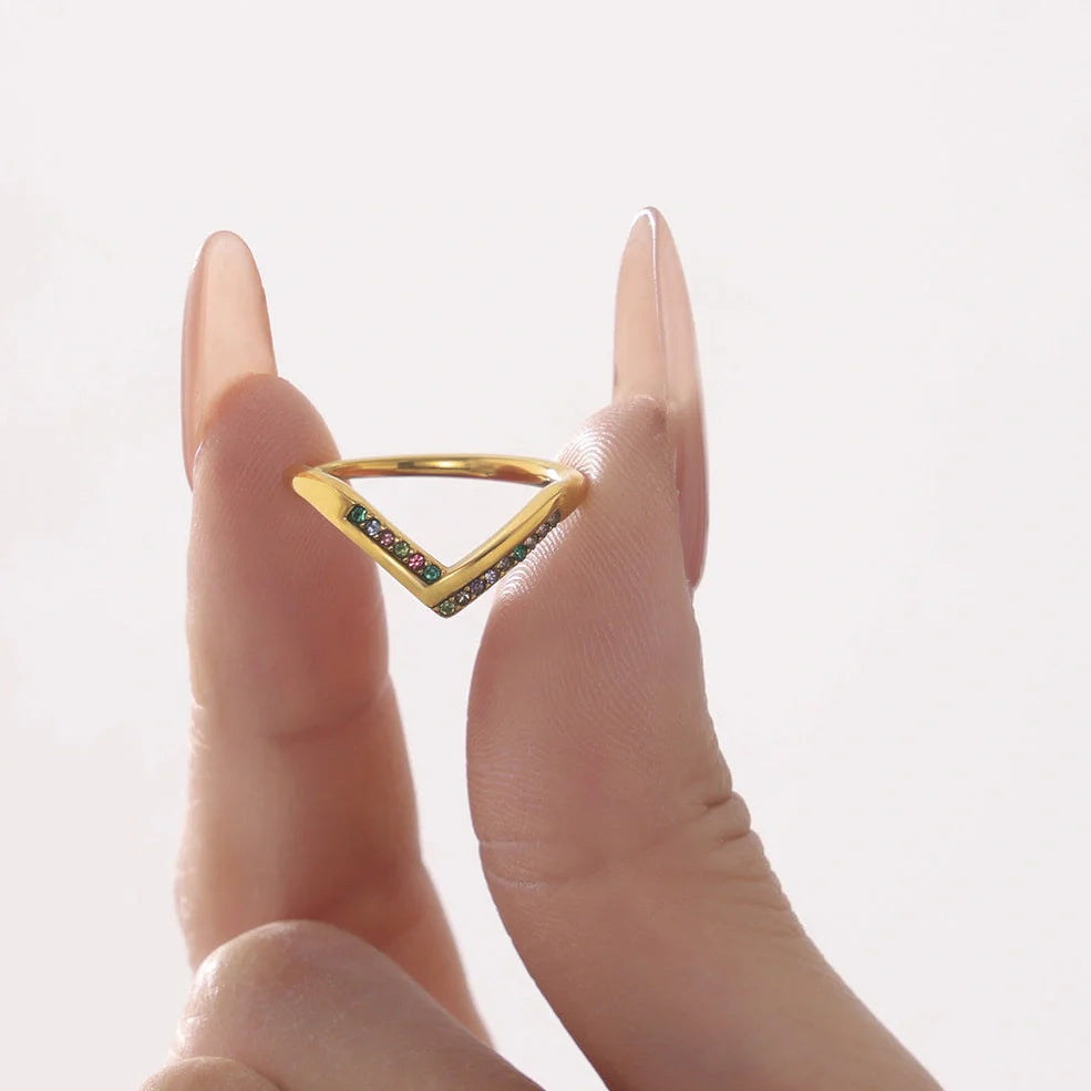 Adjustable stainless steel ring with geometric zircon stones in gold white, pink, or mixed colours