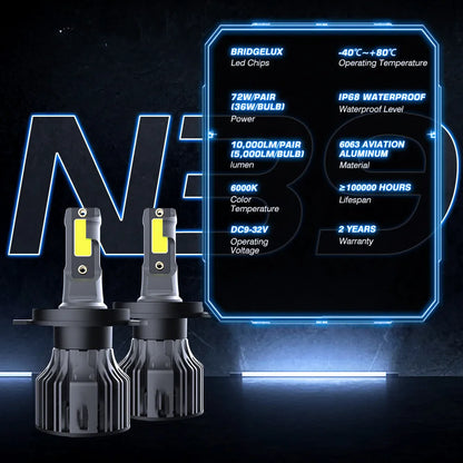 Pair of 6000K white LED car headlight bulbs with adjustable chuck and connector on a dark background.