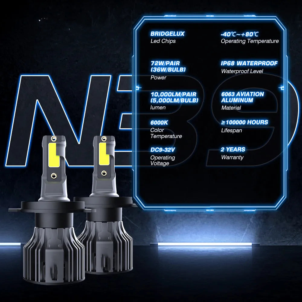 6000K white LED car headlight bulb with adjustable chuck and connector, showing mini design.