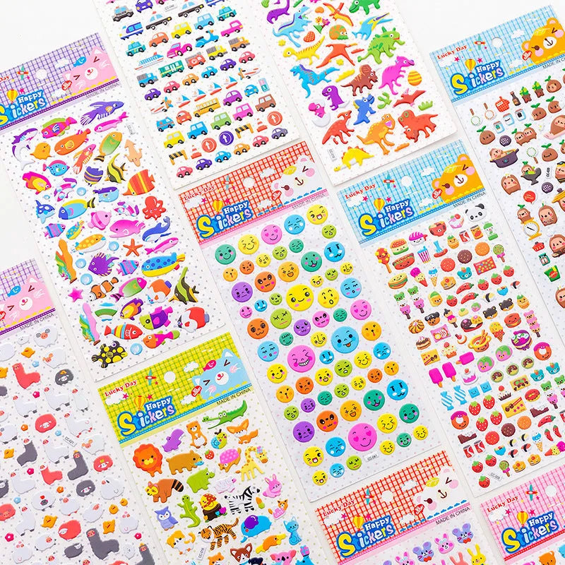 Cartoon three-dimensional bubble stickers showing colourful animal, food and pattern designs for decoration