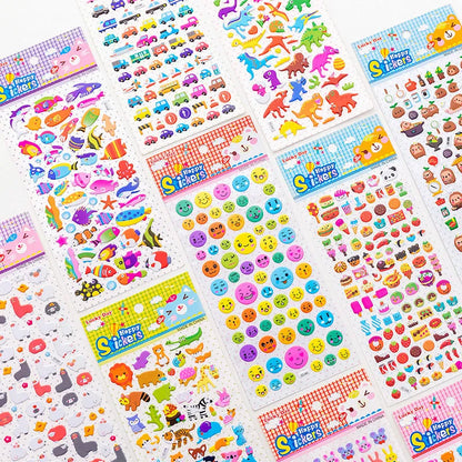 Cartoon three-dimensional bubble stickers showing colourful animal, food and pattern designs for decoration