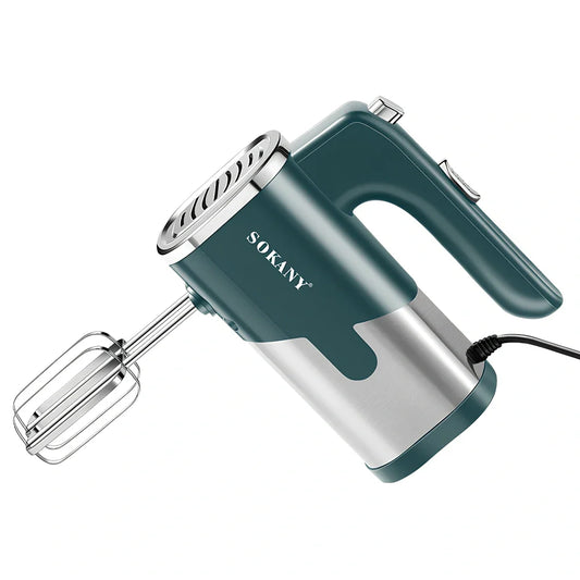 Black handheld electric whisk with stainless steel beaters, 26cm length, five-speed control buttons