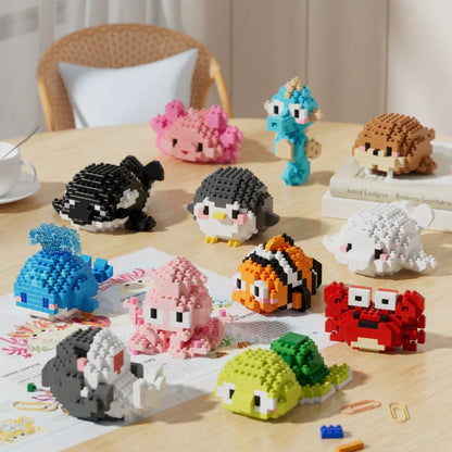 Marine small creature building blocks set showing 12 different sea animal models in colour box packaging