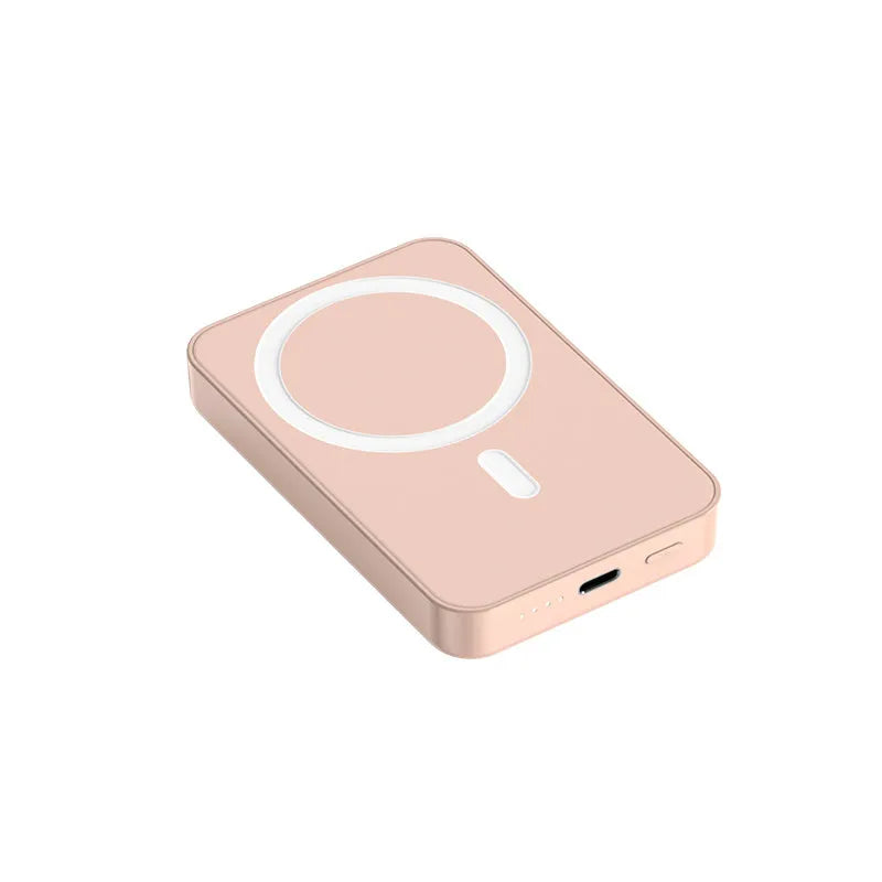Pink magnetic wireless power bank showing dimensions 100x64x18mm with 20000mAh capacity