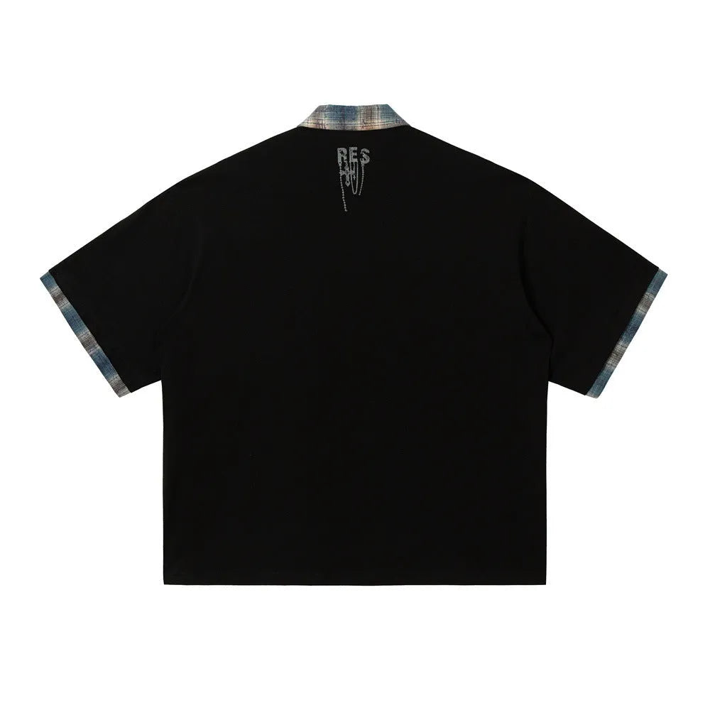 Men's asymmetric lapel graffiti print cotton top in loose fit with short sleeves for summer street style