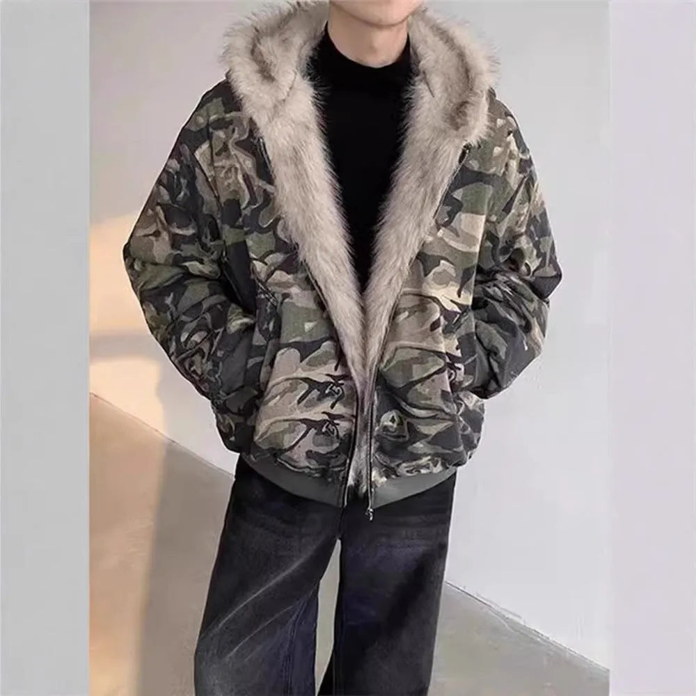 Men's retro washed camouflage hooded jacket with fur collar, thickened cotton coat, loose fit, sizes S to XXXL