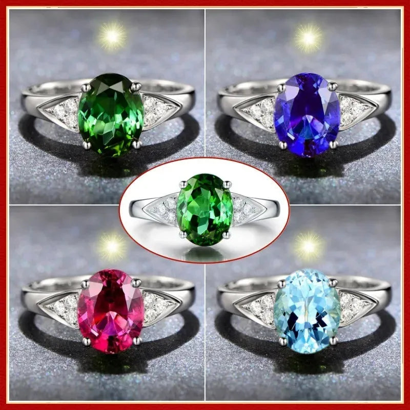 Women's zircon ring with natural blue or red zircon inlay, showing heart, water drop, or bell pattern on court style band.