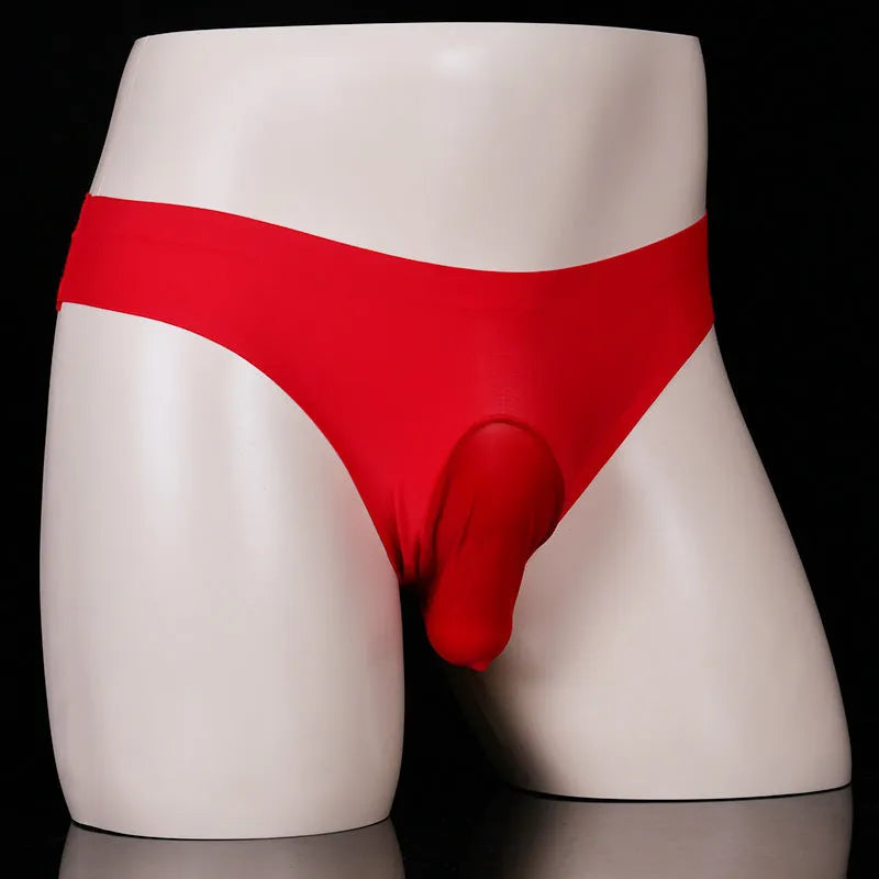 Men's black ice silk underwear briefs with open gun egg back design on a neutral background