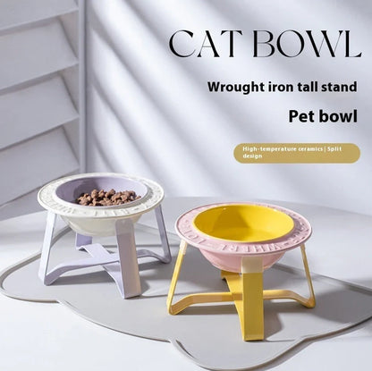 Ceramic cat bowl with iron anti-tip frame in blue colour with silicone pad