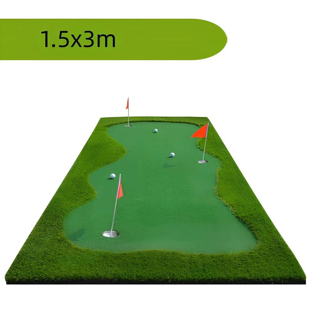 Green artificial turf putting mat measuring 1.5 by 3 metres for indoor golf practice