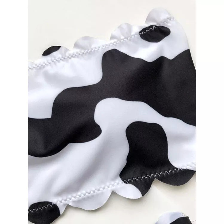 Black and white cow print wrapped breast bikini for women