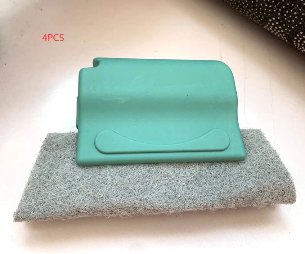 Window groove cleaning brush with comfortable grip and scouring pad head