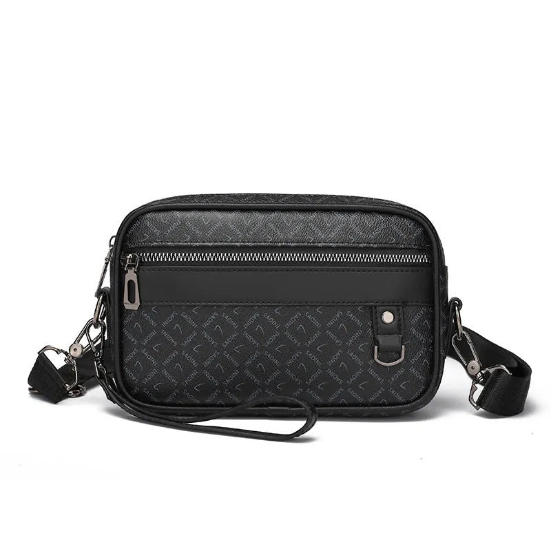 Men's black geometric pattern PU leather messenger bag with handheld horizontal design