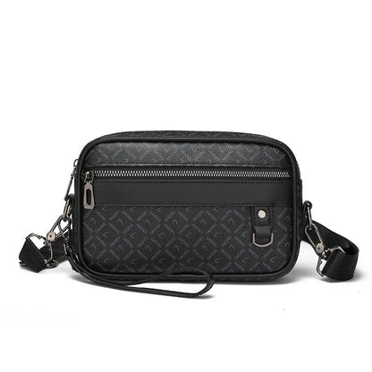 Men's black geometric pattern PU leather messenger bag with handheld horizontal design