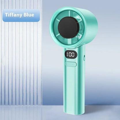 Handheld fan with 120-speed control, USB port, and 1800 mAh battery in choice of colours
