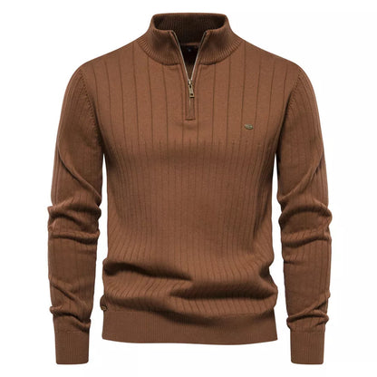 Men's stand collar half-zipper knit sweater in slim fit, available in multiple colors