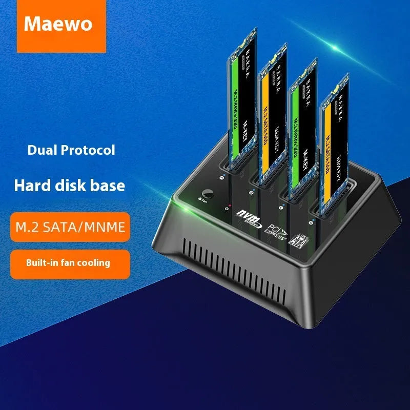 Aluminium M.2 SSD mounting base with heatsink fins, shown next to an M.2 drive and manual.
