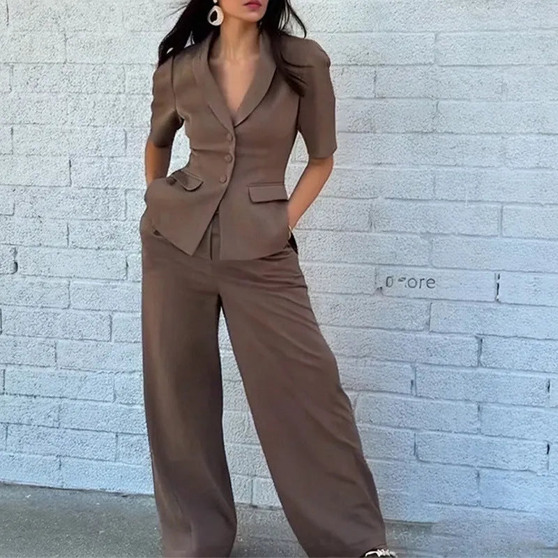 Brown polyester top and trousers suit set with slim fit waist, long sleeves, and full-length trousers