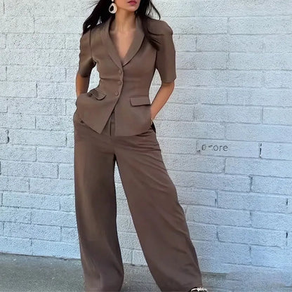 Brown polyester top and trousers suit set with slim fit waist, long sleeves, and full-length trousers