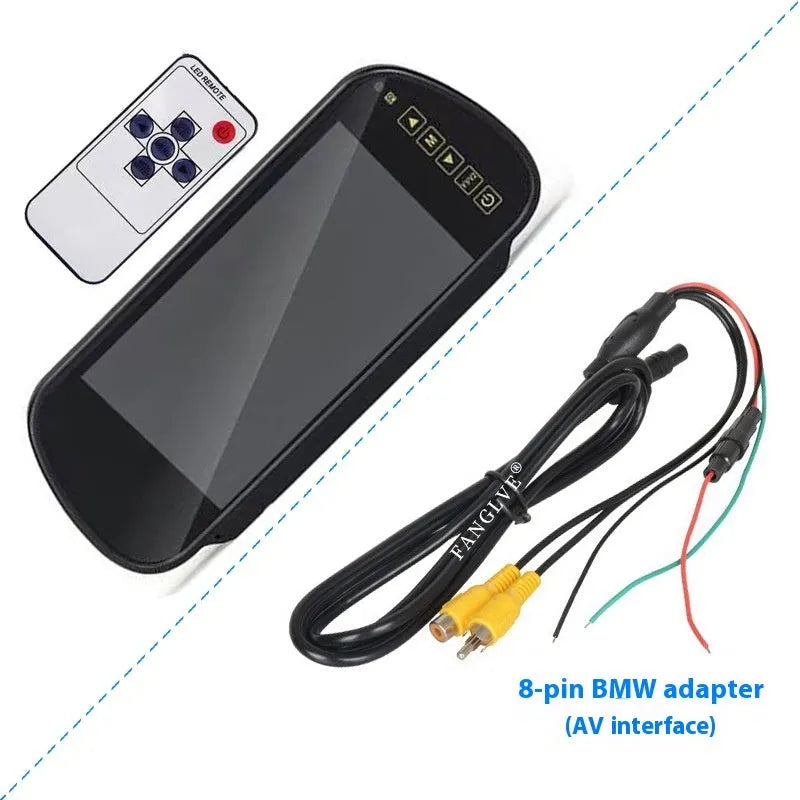 7-inch car monitor and reversing display with camera and video cable, TFT screen, ABS housing, desktop or rearview mirror fitting.