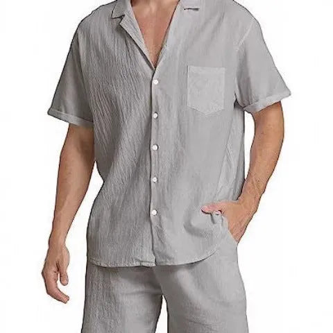 Men's light grey flax linen short-sleeved top and shorts summer sports suit