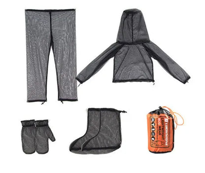 Four-piece mesh anti-mosquito suit set showing hooded top, pants and booties for outdoor activities