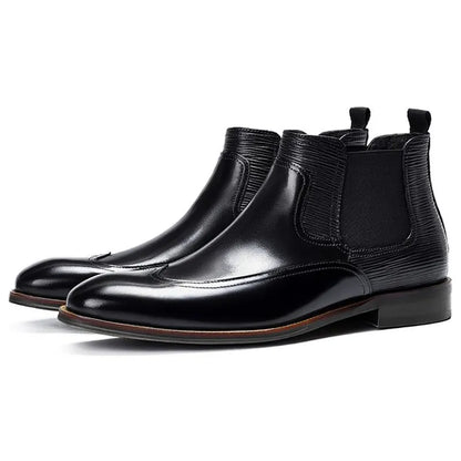 Men's Chelsea boots in black or dark brown faux leather with elastic band and low heel, sizes 38-48