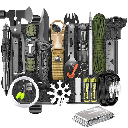 Outdoor survival kit with alloy multi-tool, emergency whistle, compass, and tools in waterproof plastic case