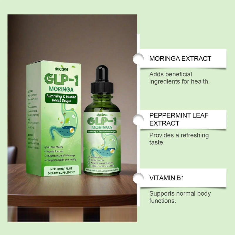 Vitamin B1 Body Support Supplement formulated with Traditional Chinese Medicine extracts including gluconolactone, potassium sorbate, mint leaf, moringa and curcumin in a 30ml liquid droplet bottle for dietary supplementation and wellbeing support