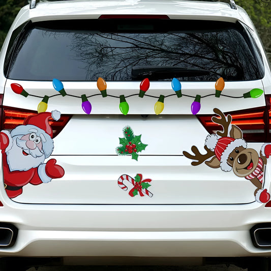 Medium-sized cartoon Christmas elk reflective magnetic sticker on a metallic surface.