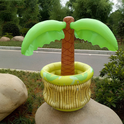 Green inflatable palm tree shaped cooler with coconut details holding beer bottles and ice