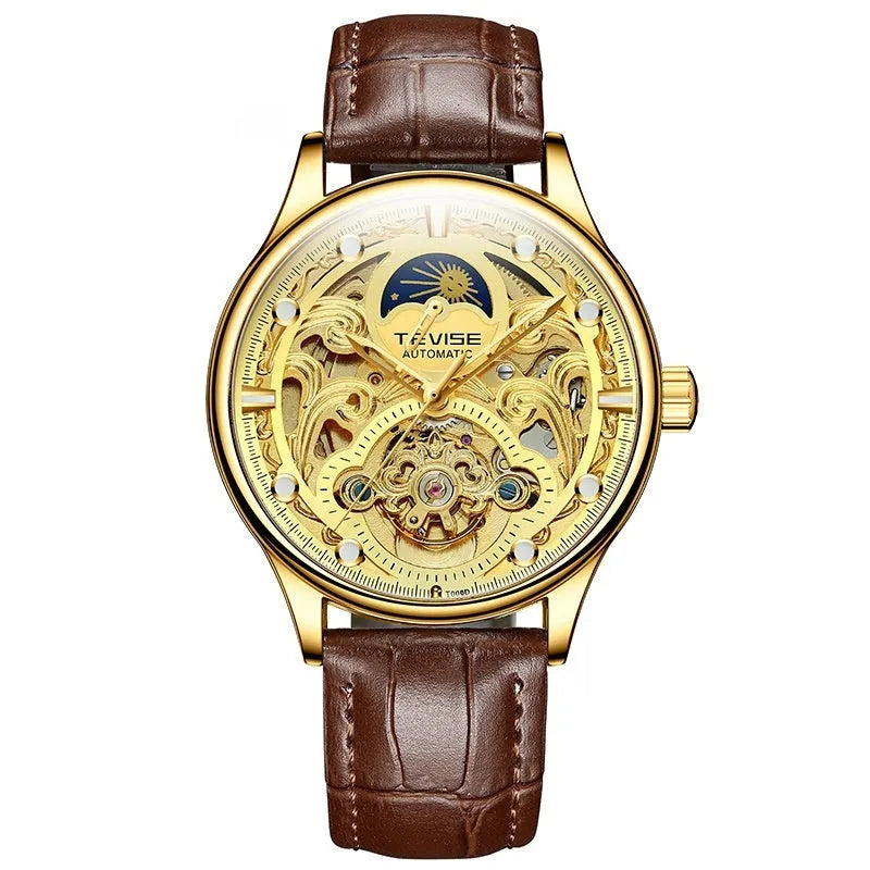 Men's automatic mechanical watch with leather strap showing 16mm thickness and business-style dial design