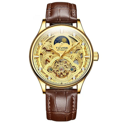Men's automatic mechanical watch with leather strap showing 16mm thickness and business-style dial design