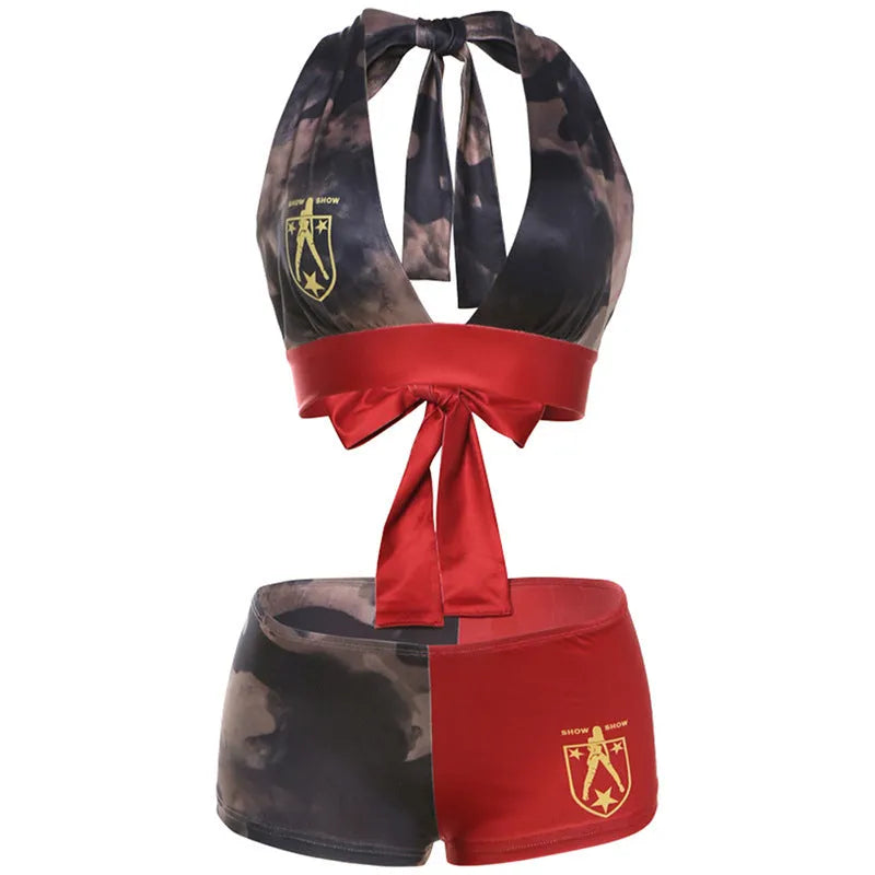 Red women's high waist hip lift printed shorts bikini set with 3D effect.