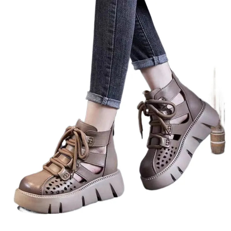 Women's platform sandals with hollow hole design in cowhide leather and fish mouth toe shape