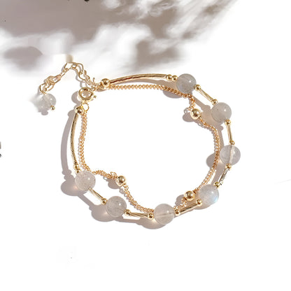 Women's electroplated crystal bracelet with moonstone charm and double copper tube design